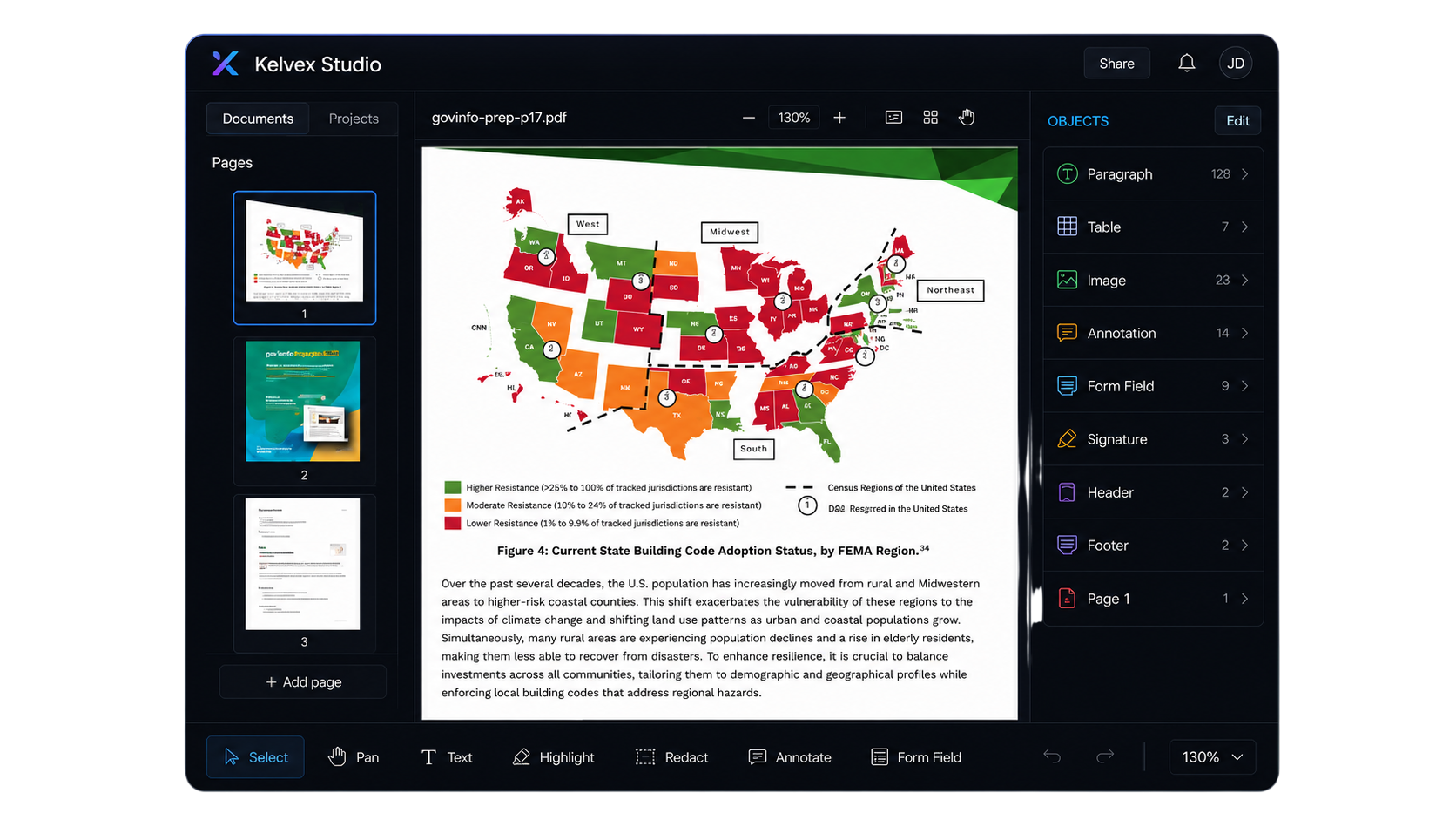 Kelvex Studio interface showing document structure — paragraphs, tables, signatures and layers detected in real time